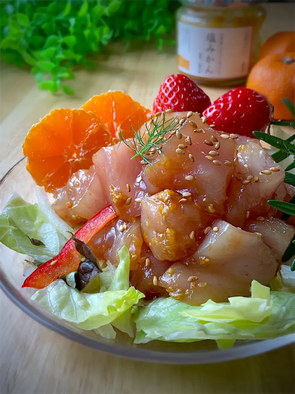 釣り魚🎣ビンチョウマグロの塩みかん漬けサラダ|9421beruさん