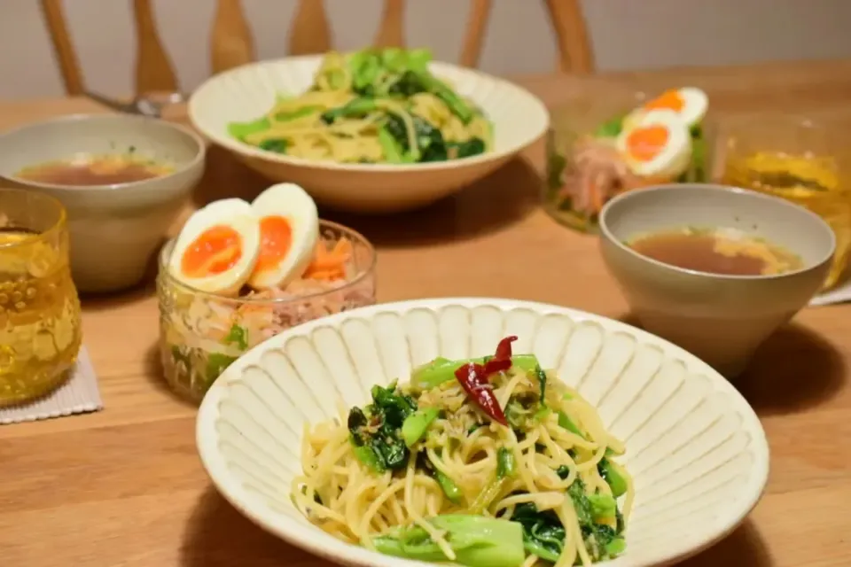 かき菜とじゃこのパスタ|うにんぱすさん