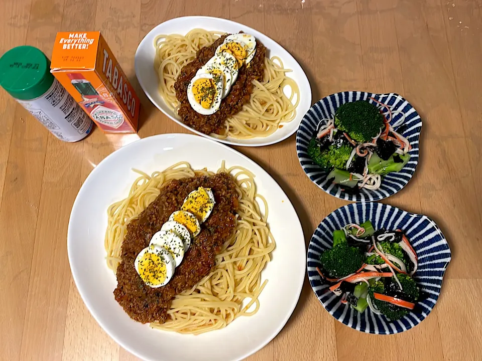 ミートソースパスタ　ブロッコリー海苔サラダ|そのみさん