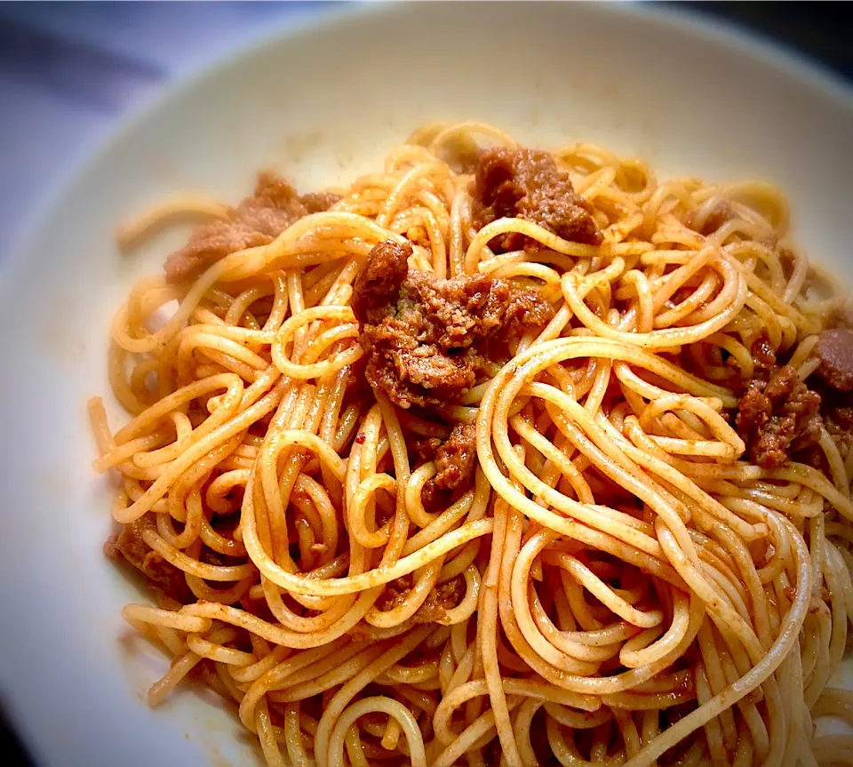 ランチに、デミグラスハンバーグを崩したミートソーススパゲティを頂きます😋🎉|ギムレットさん