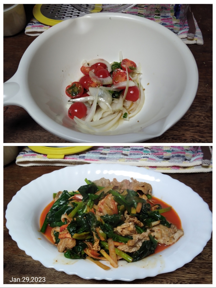 上はミニトマトと玉ねぎの和え物、下はほうれん草と豚ロース切り落としのねぎキムチ炒め