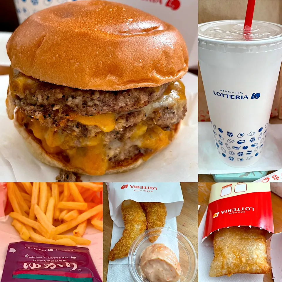 絶品チーズ🧀バーガー🍔4段‼️‼️  セブンアップ🥤　ふるポテ🍟赤しそ　ポップコーンシュリンプ明太ソース　国産りんごの🍎パイ🥧|るみおんさん