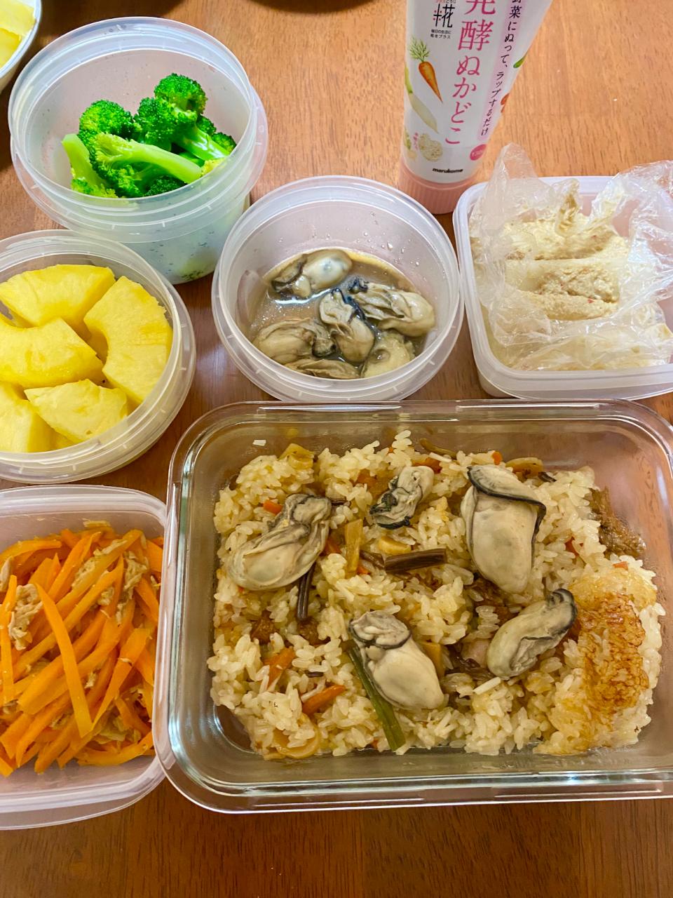 牡蠣の山菜おこわご飯　実家用の作り置き