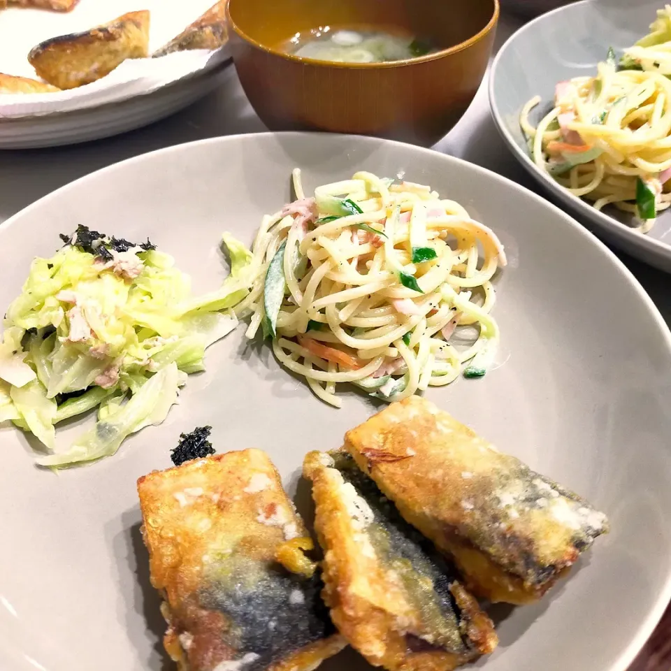 サバのカレー竜田揚げ
スパサラダ
ツナとキャベツのサラダ|羊さんさん