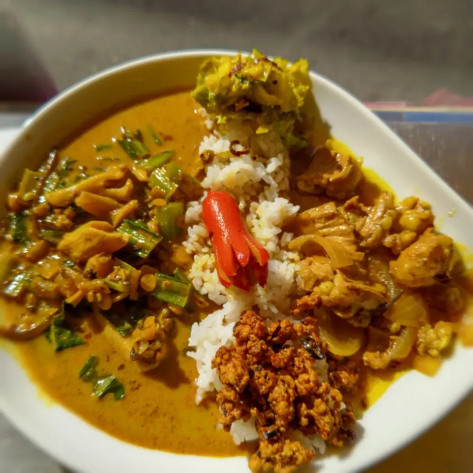 牛ホルモンカレー＋小松菜とキノコのミックスダルカレーのあいがけカレーwithタコさんウインナー🐙🍛|ふじわらたくやさん