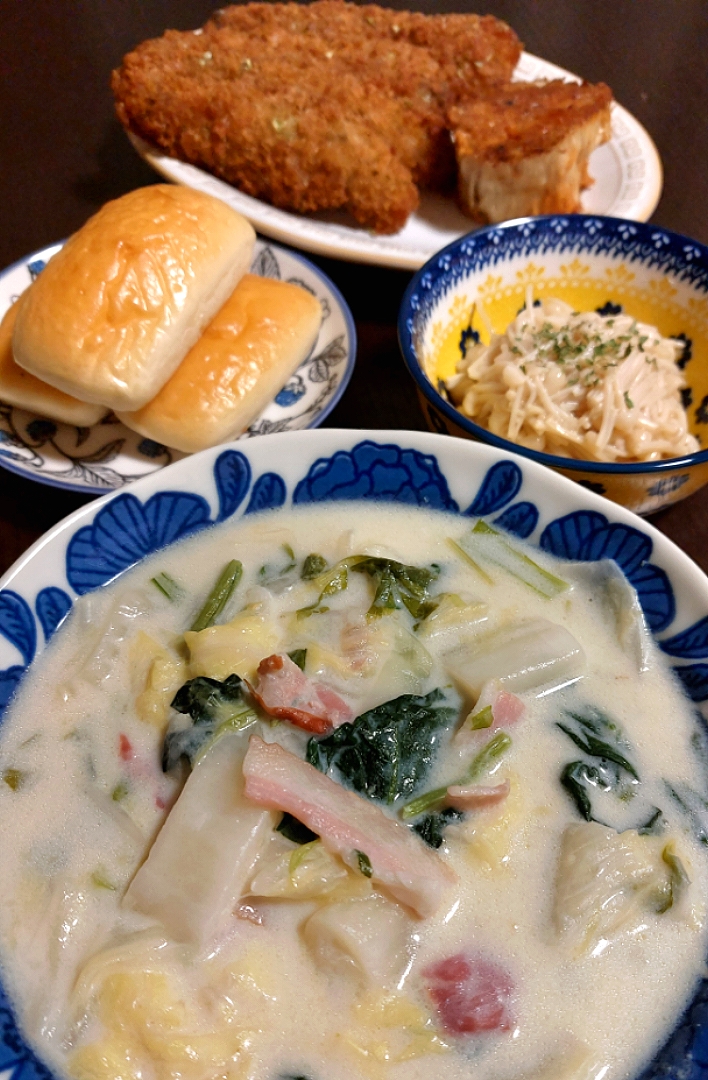 白菜とベーコンのミルクスープ&レンチンなめ茸にんにく入り