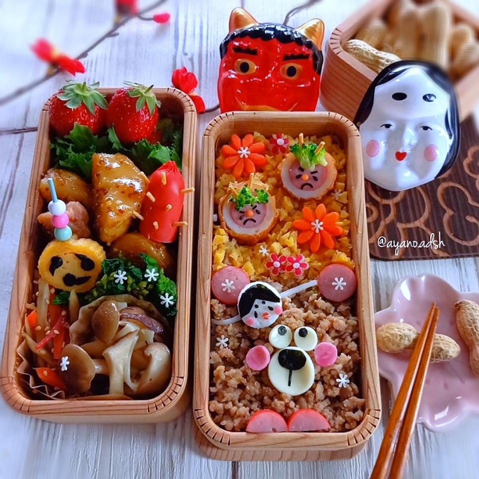 🐻くまさん節分そぼろ弁当
くまさんはお多福さんのお面🎭️(のつもり😂)
鬼は外、福は内です🎵