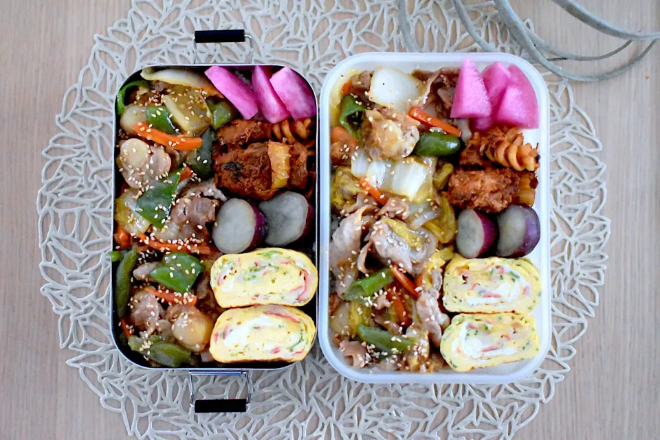 Snapdishの料理写真:息子弁当&娘弁当『豚肉ホタテと白菜の牡蠣油炒め』|dra-kichiさん