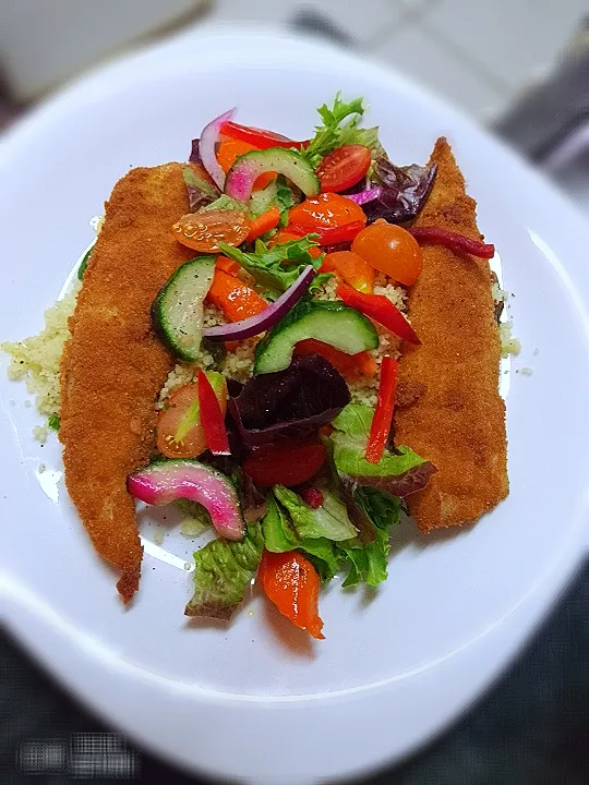 Snapdishの料理写真:crispy crumbed hake with green salad glaced carrots and couscous|Melato Thibileさん