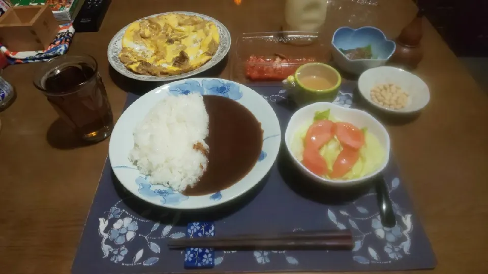 カレーライス、天ぷらの卵とじ、節分の炒り豆(夕飯)|enarinさん