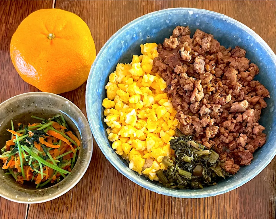 Snapdishの料理写真:ランチ♯在宅勤務のランチは♯アルモンデ♯そぼろ丼♯人参豆苗|小松菜さん