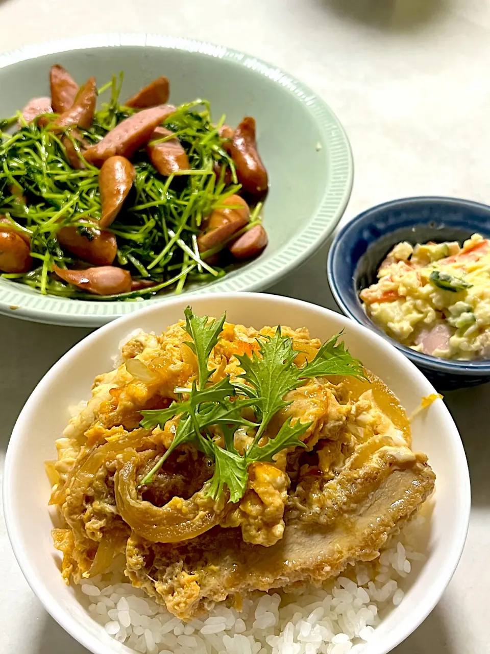 カツ丼と青菜炒め🌱|ささるみさん