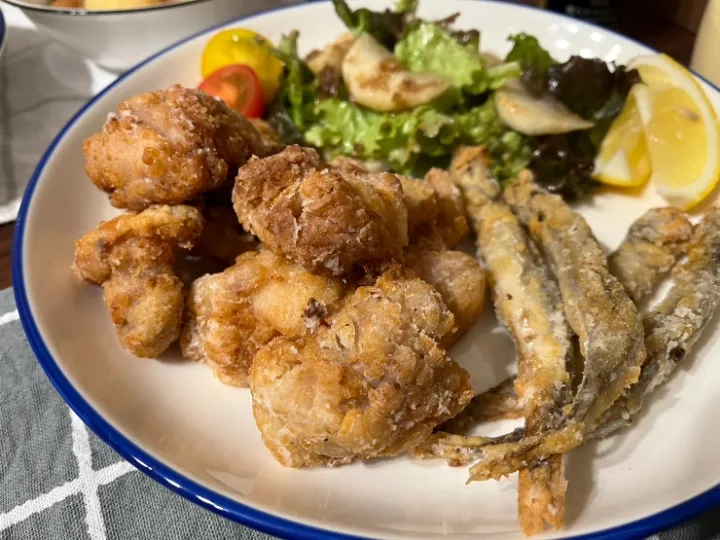 鶏の塩麹唐揚げ、ししゃも唐揚げ|あすこさん