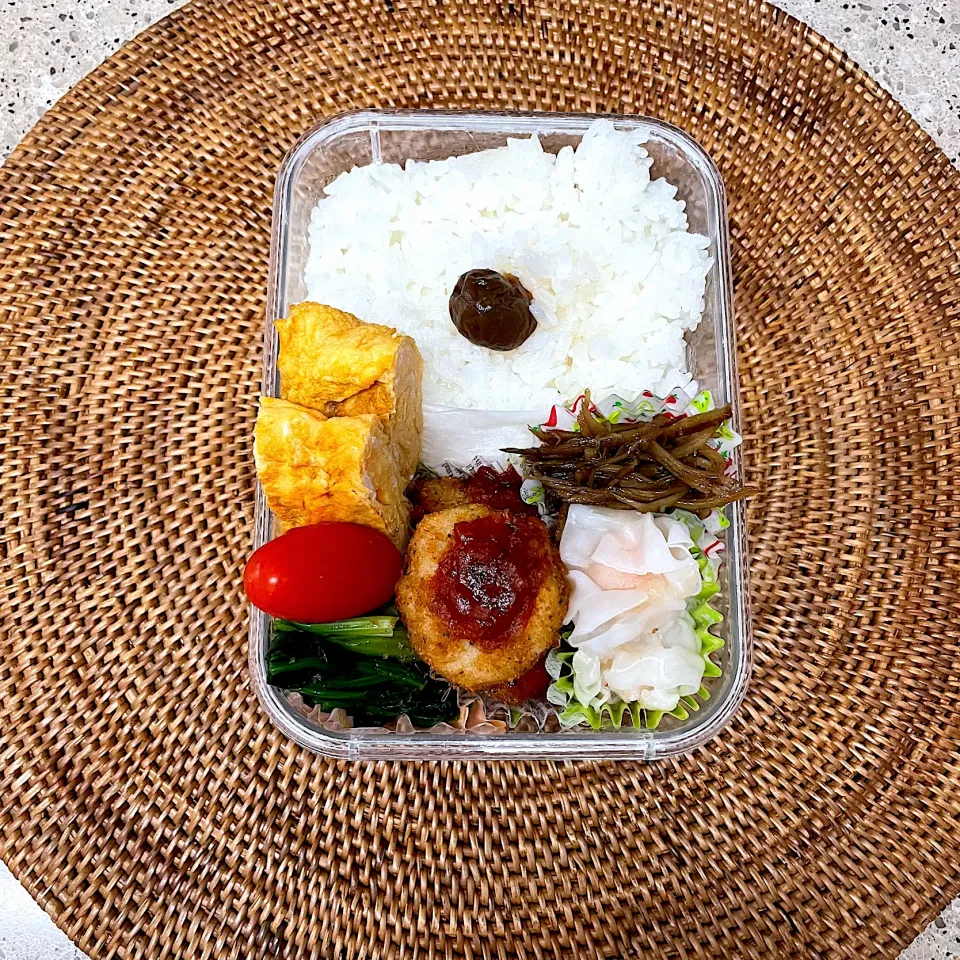 卵焼き、ほうれん草、ミニトマト、鶏トマトソース、海老しゅうまい、きんぴらごぼう|しーさん