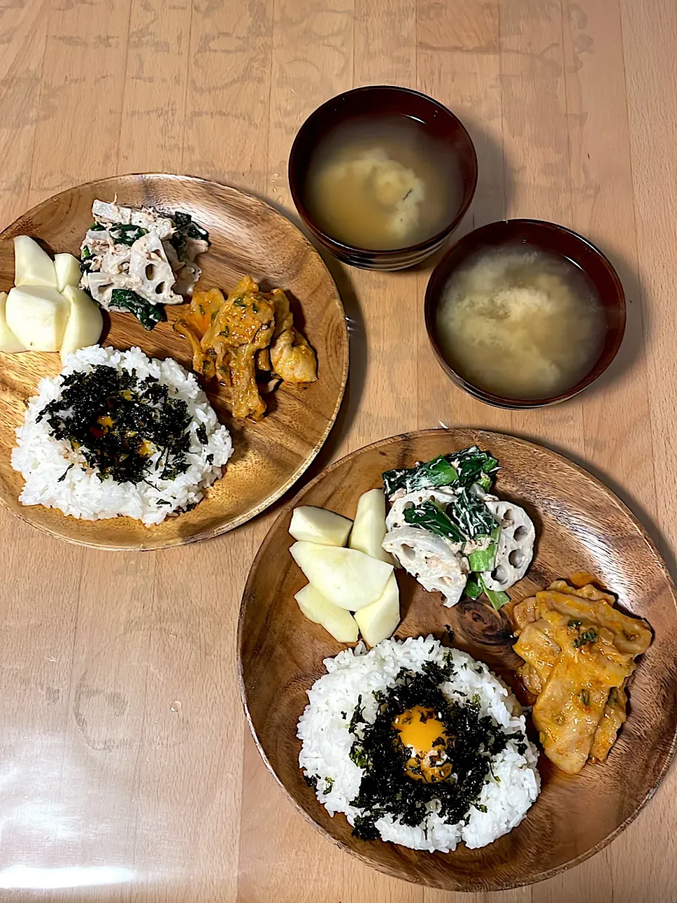 ジャバン海苔ご飯　チーズダッカルビ　レンコンと小松菜とツナのサラダ　しじみ汁　ラフランス|そのみさん