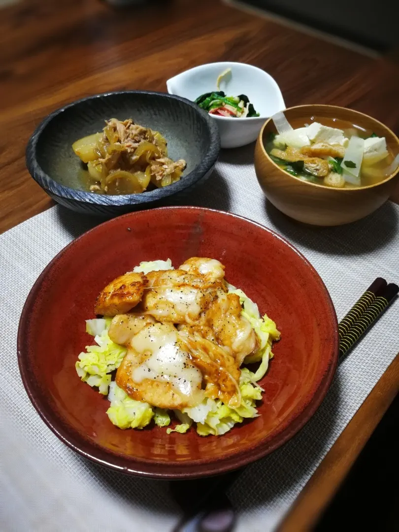 みそ照り焼きチキン
ツナ大根
ほうれん草とえのき、カニカマの中華あえ　
味噌汁
納豆|上海ひまわりさん