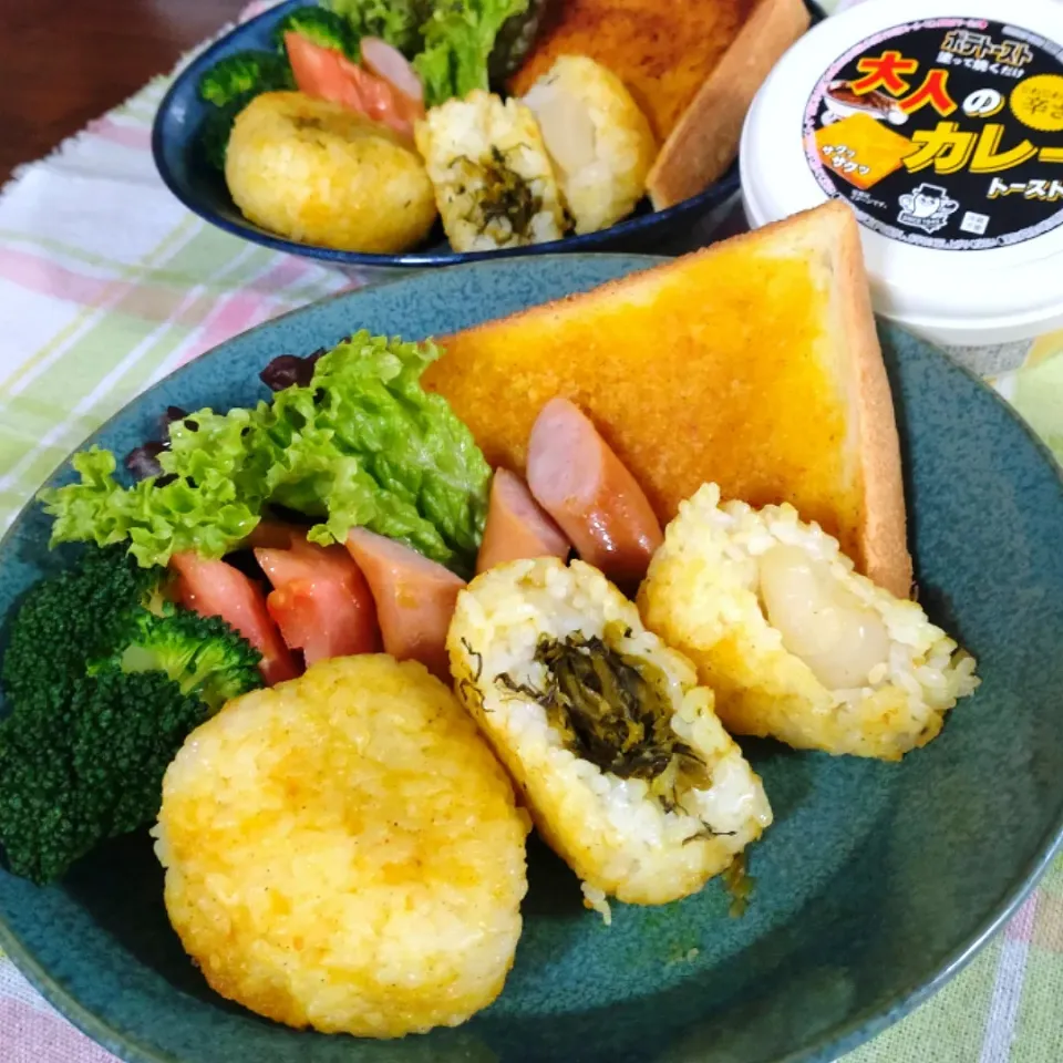 大人のカレー味で高菜とらっきょう入りの焼きおにぎり＆トースト|cherry🍒さん