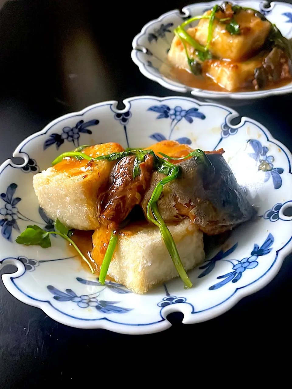 鯖味噌煮缶の揚げ出し豆腐|とんちんさん