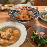 Snapdishの料理写真:鶏胸肉唐揚げ＆スープカレー＆菜の花おひたし❗️|バタコさん