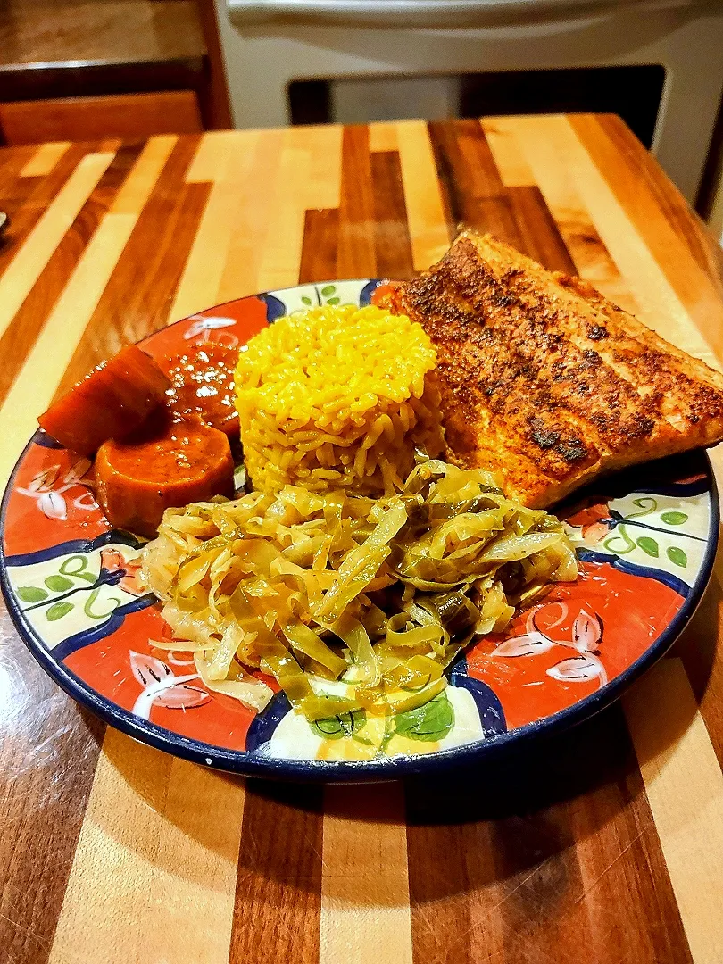 Blacken Salmon, Yellow Rice, Cabbage, Yams.|Cooking with Angie K-town Wayさん