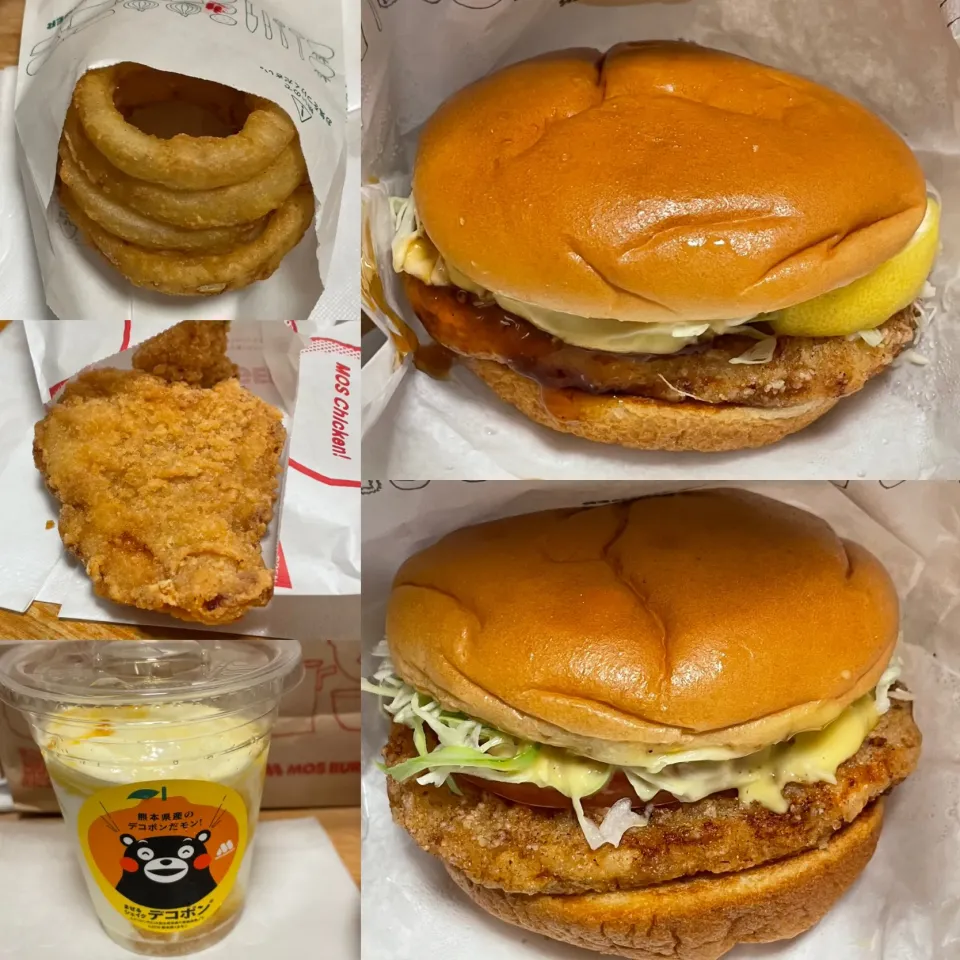 和風旨だれとり竜田🍔　ハニマスのとり竜田🍔　モスチキン🍗　オニオンフライ🧅　まぜるシェイクデコポン🥤|るみおんさん