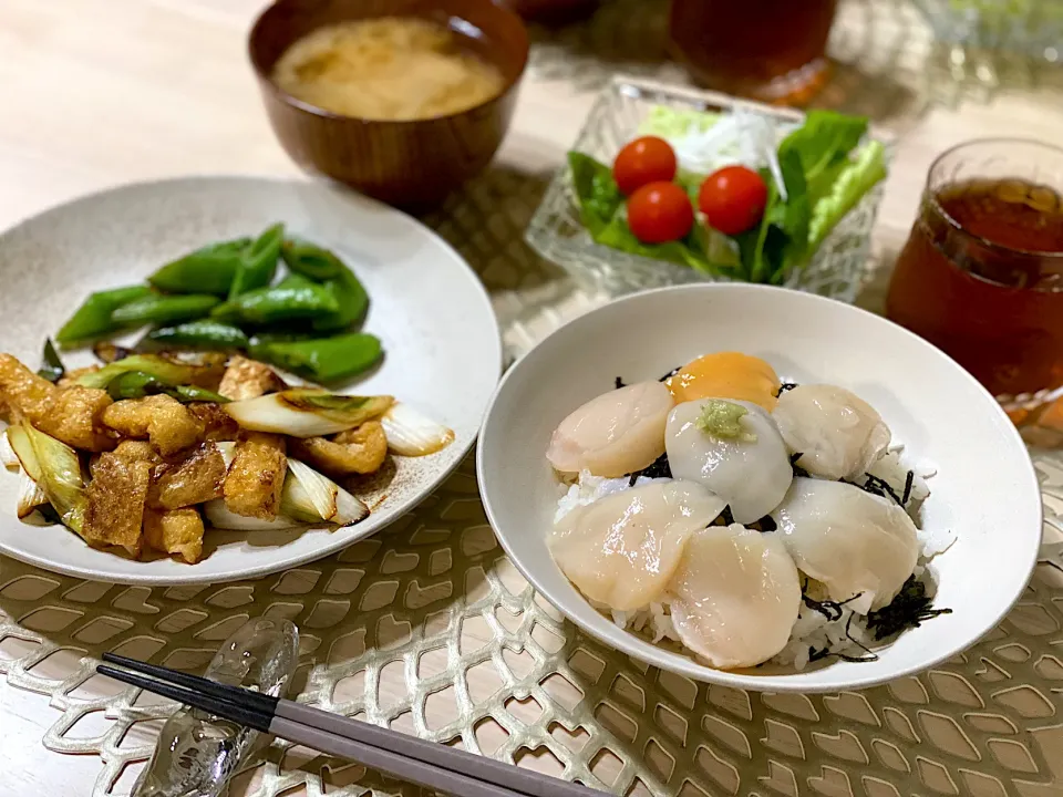 帆立丼、お揚げとネギのしょうゆ炒め|ひろさんとゆりさんさん