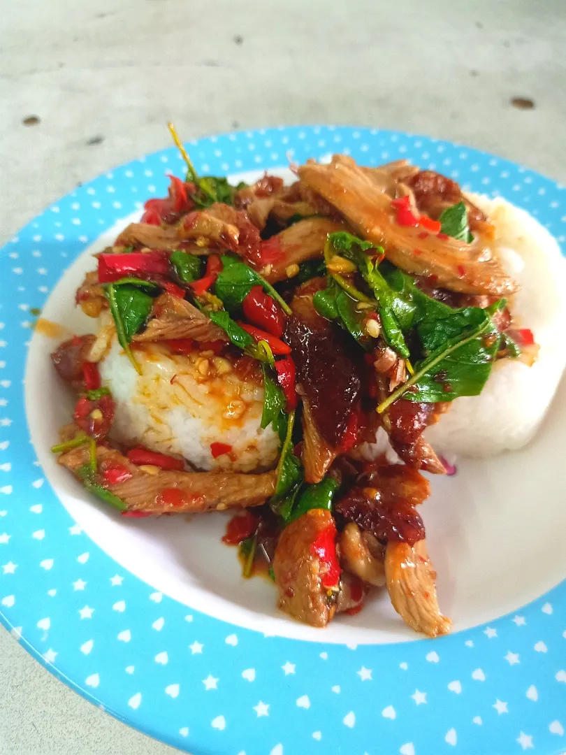 Another Spicy Stir-fried Holy Basil w/ Roasted Duck (Pad Gaprao Ped) 
ผัดกะเพราเป็ด  🤤🌶️🌶️🌶️🦆|An'leeさん