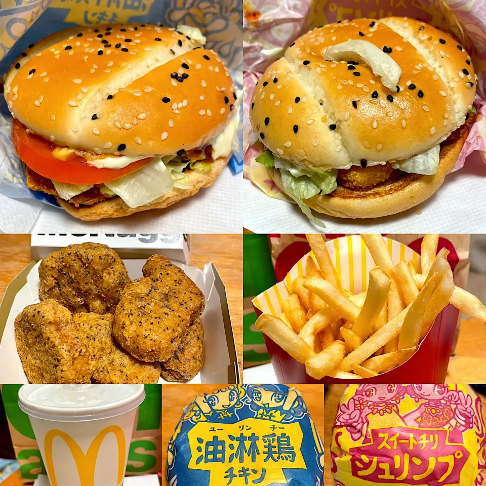 油淋鶏チキン🍔　スイートチリシュリンプ🍔　黒胡椒スパイシーチキンマックナゲット　スプライト🥤|るみおんさん