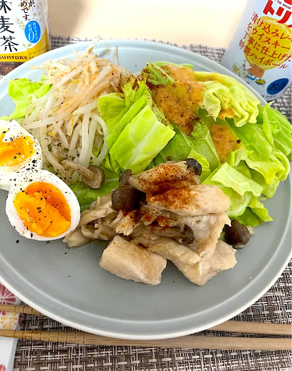 自炊　胸肉のみぞれ煮　ゆで卵　もやしのナムル|みんさん