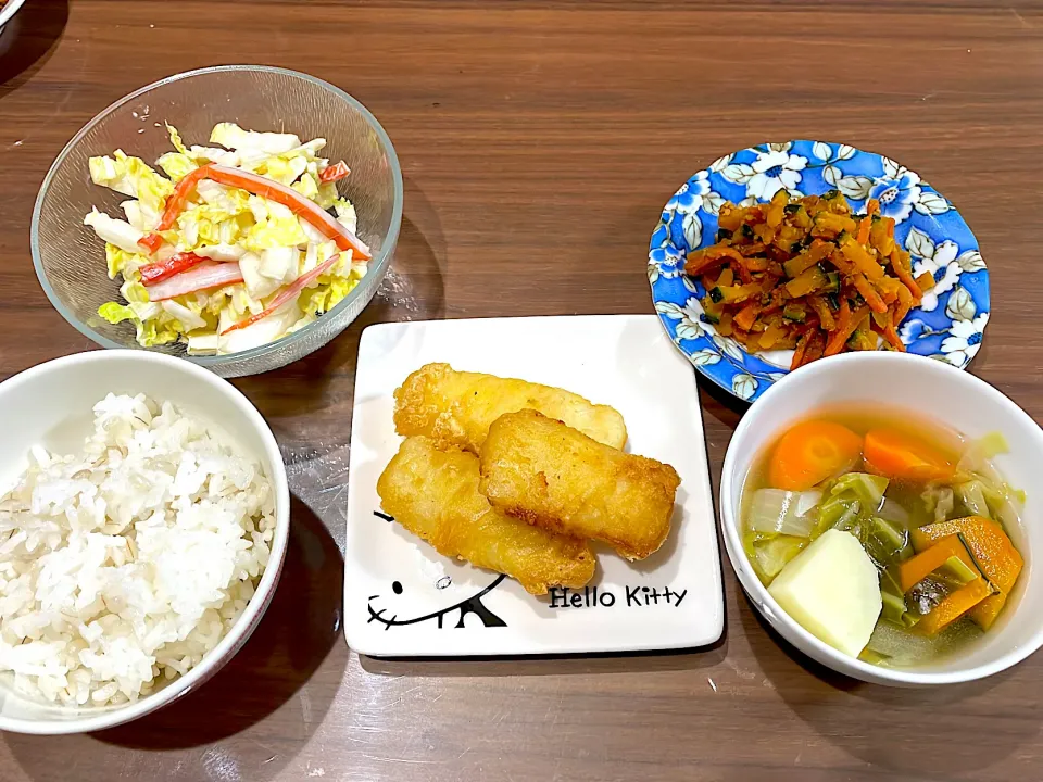 Snapdishの料理写真:冷凍いか天ぷら　ポトフ　かぼちゃと人参の胡麻きんぴら　白菜とカニかまのマヨポンサラダ|おさむん17さん