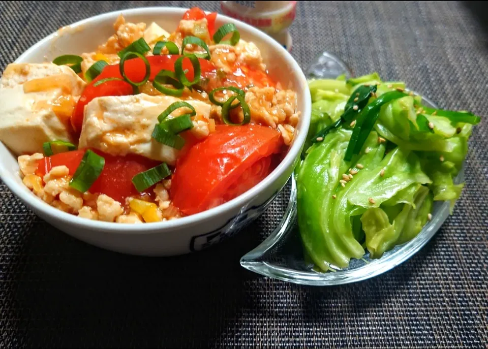 麻婆🍅トマとうふ丼
ちぎり春キャベツ塩だれ和え|マギーさん