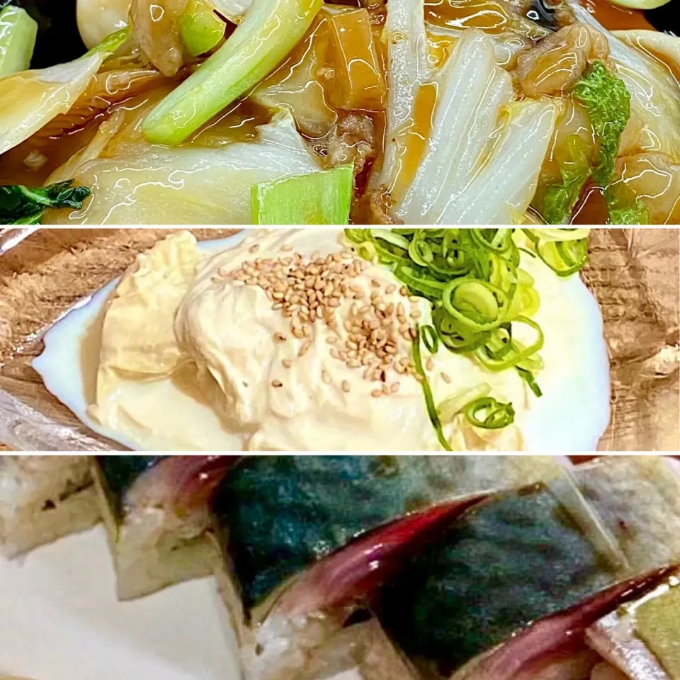 Snapdishの料理写真:肉野菜炒め.湯葉刺し.鯖寿司で晩ごはん|ばくあんしゃさん