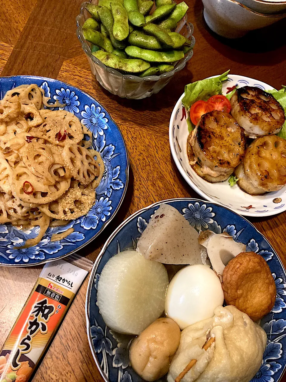 自炊　おでん　蓮根のはさみ焼き　蓮根のきんぴら　焼き枝豆|みんさん