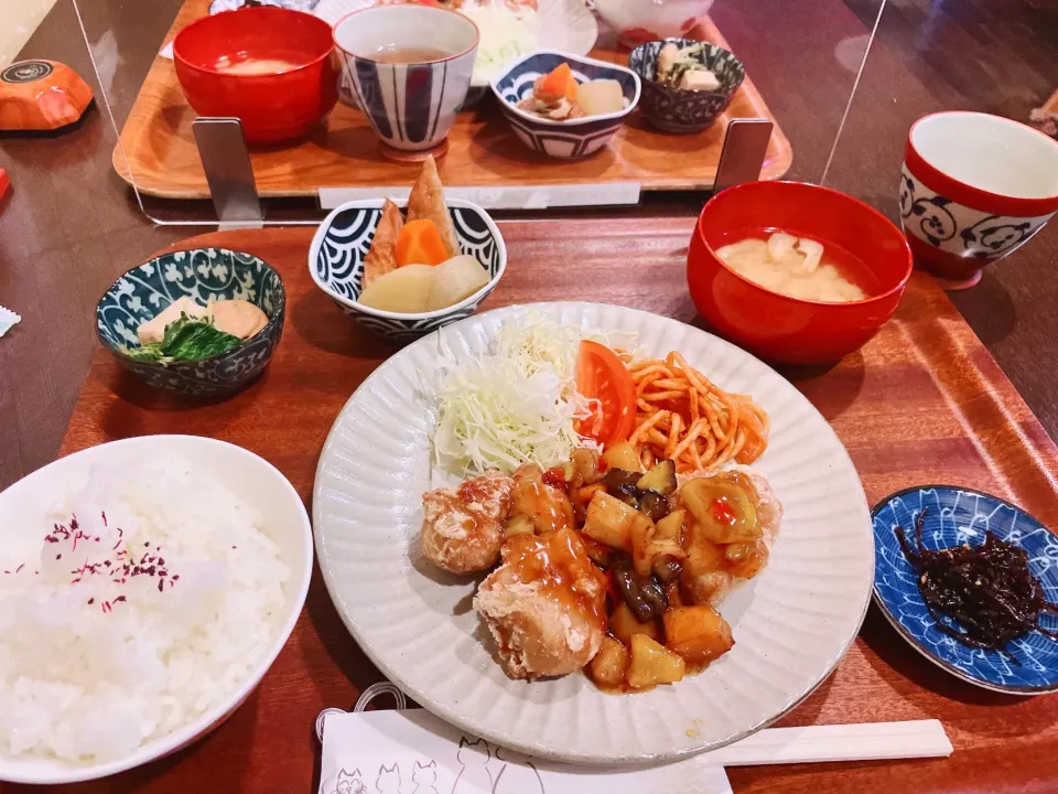 鶏唐揚げの甘酢餡でランチ|オーロラさん