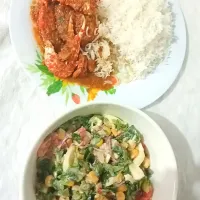 post election dinner. white rice with crab stew and vegetable salad.|Ukudi Nawaさん