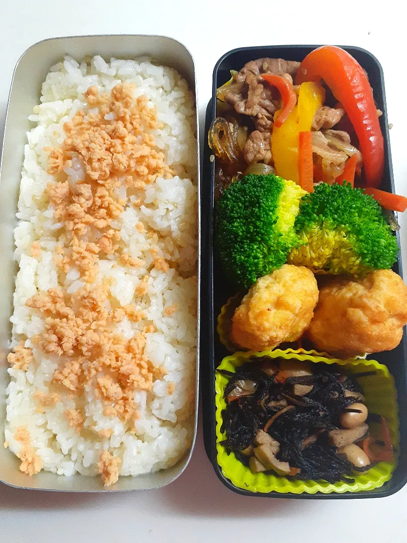 ☆中学生弁当☆玄米入り鮭ごはん、チャプチェ、ブロッコリー、豆腐チキンナゲット、ひじき煮物|ｼｮｺﾗさん