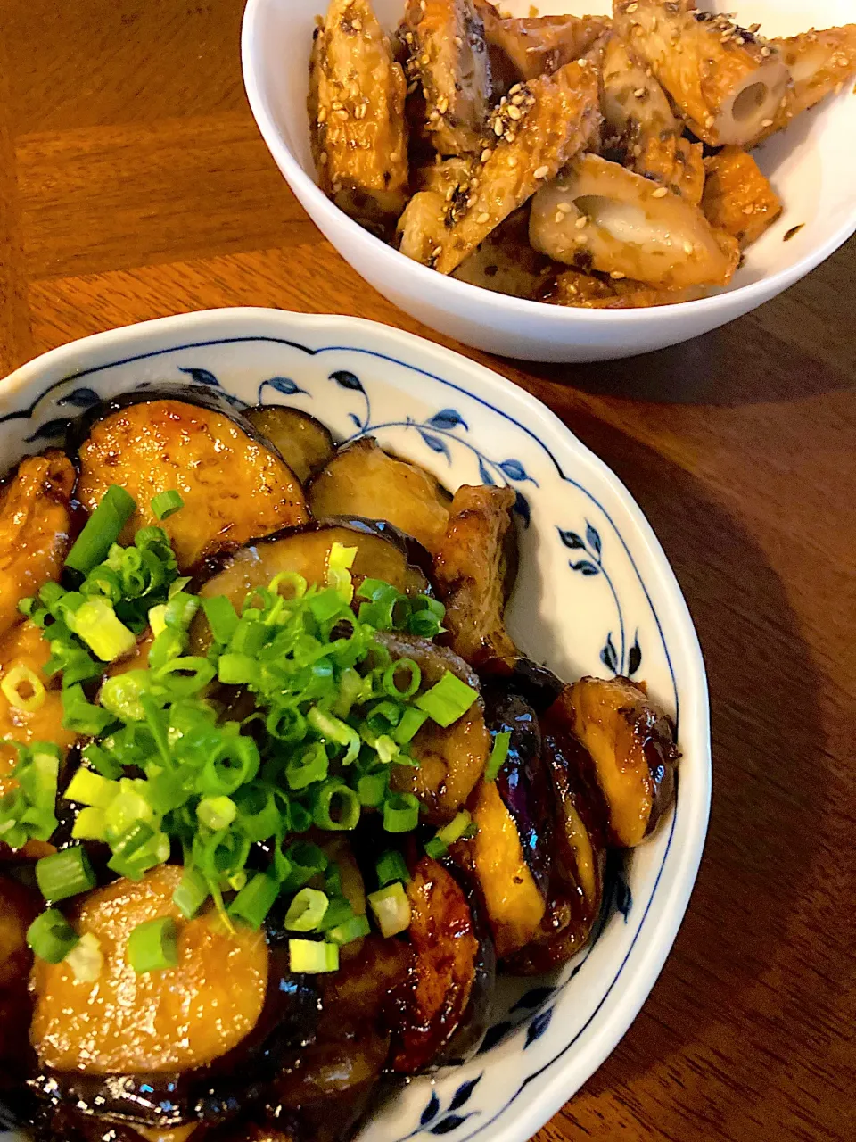 自炊　茄子の甘酢炒め　ちくわの胡麻醤油炒め|みんさん