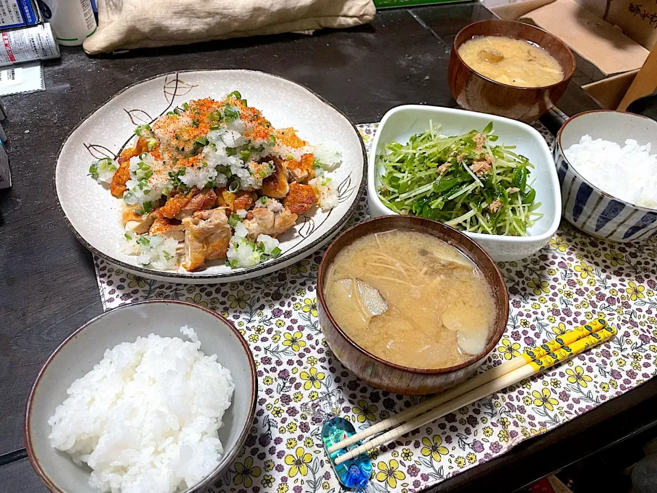 晩ごはん★鶏肉のネギおろしぽん酢、豆苗とツナのごまサラダ、キクイモのみそ汁|ハルさん