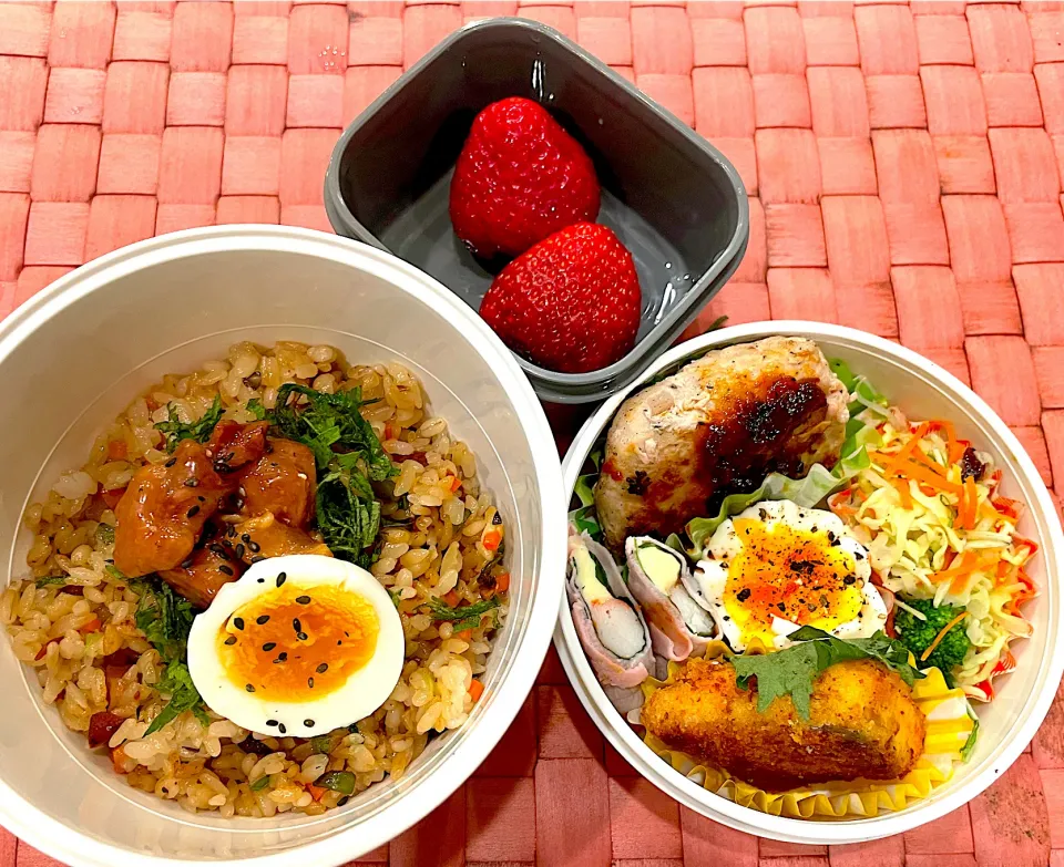 中学生息子のお弁当🍱 ハンバーグと焼き鳥丼弁当🍱|Snow10さん