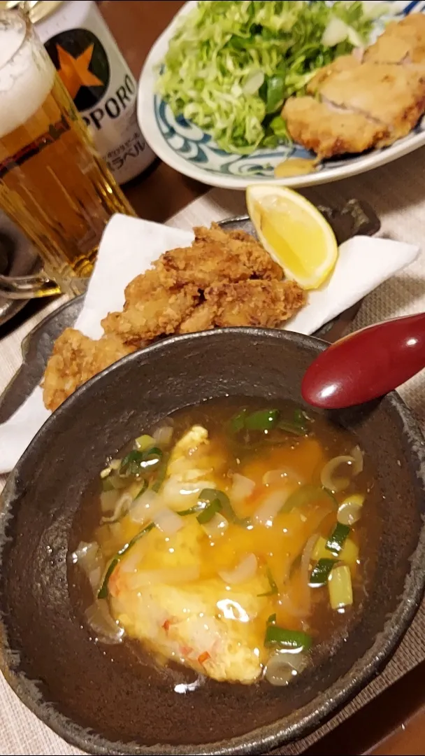 カニ玉風、ヤゲン軟骨唐揚げ、とんかつ🍺|miyuki🌱さん