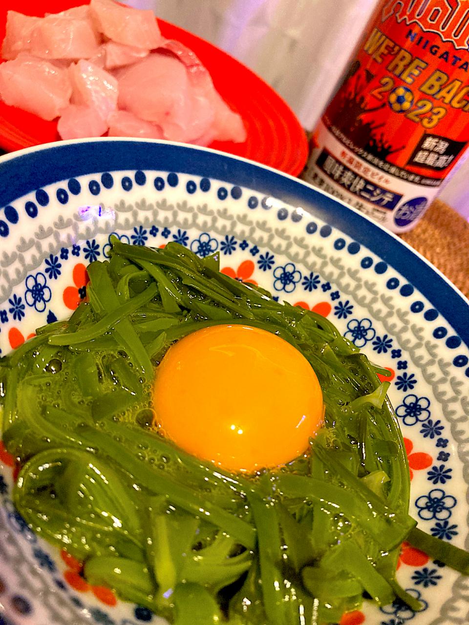 新物メカブとかんぱち刺身で乾杯😋🍺💕✨