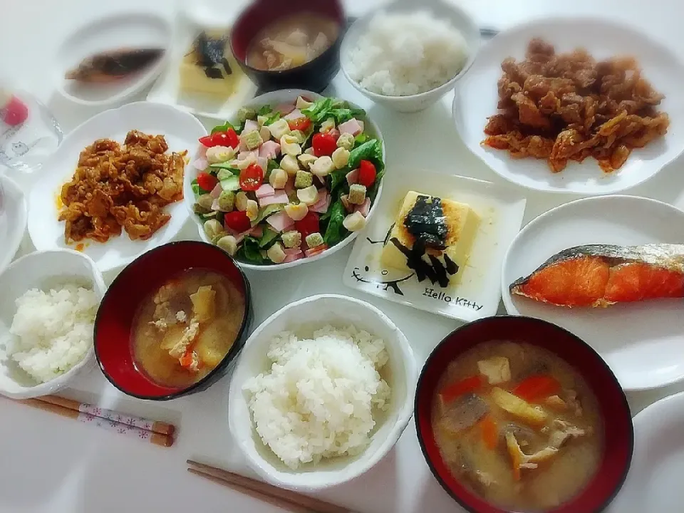 夕食(*^^*)
豚肉食べラー炒め
焼鮭
卵豆腐
ハムサラダ🥗(レタス、きゅうり、ミニトマト、ハム、チーカマ、ガーリッククルトン)
豚汁|プリン☆さん