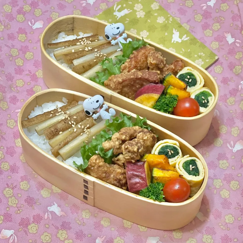 豚ヒレ唐揚げ☘️の双子ちゃんお弁当💙❤️ 2/24金|sweet homeさん