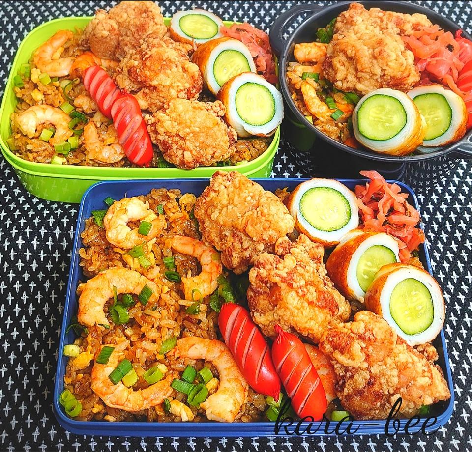 母とムスコのラブラブおソロ♪面接頑張れ！海老玉黒チャーハン＆唐揚げ弁当