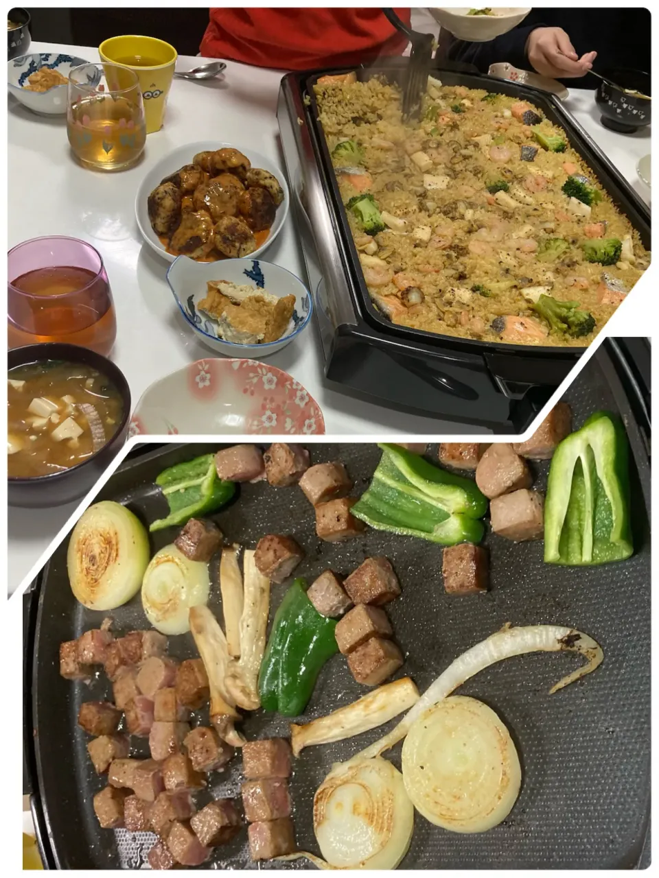 Snapdishの料理写真:晩御飯☆ホットプレートでパエリア（4合分）☆おからとひじきのチキンナゲット☆厚揚げ煮☆みそ汁（豆腐・玉葱・ワカメ）からのー。☆鉄板焼き（サイコロステーキ・ピーマン・エリンギ・玉葱）全員完食。|Saharaさん