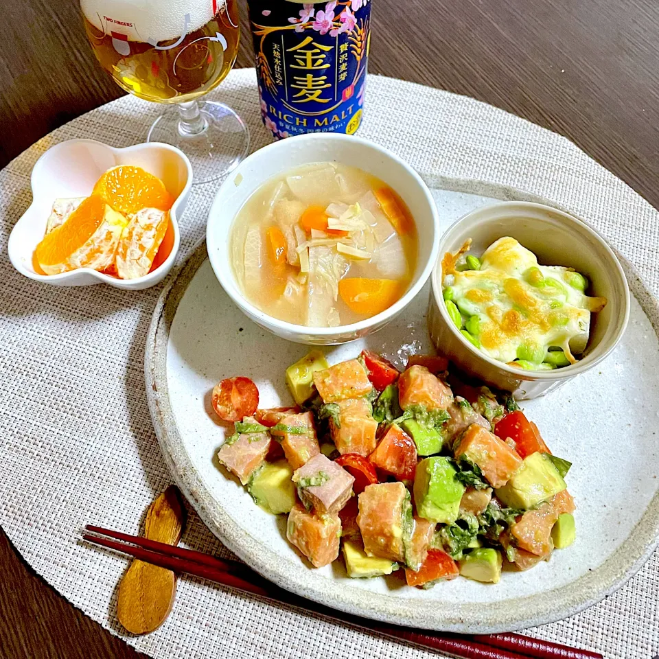 3/5晩ご飯：サーモンアボカドの柚子胡椒和え|ななみんさん