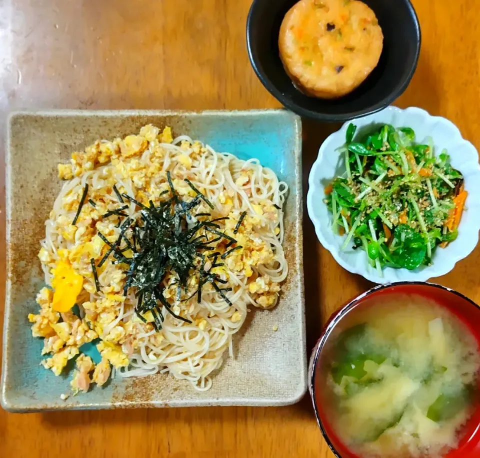 2023 0225　ツナ卵そうめん　枝豆がんものこれうまつゆ煮　豆苗と塩昆布のサラダ　大根とわかめのお味噌汁|いもこ。さん