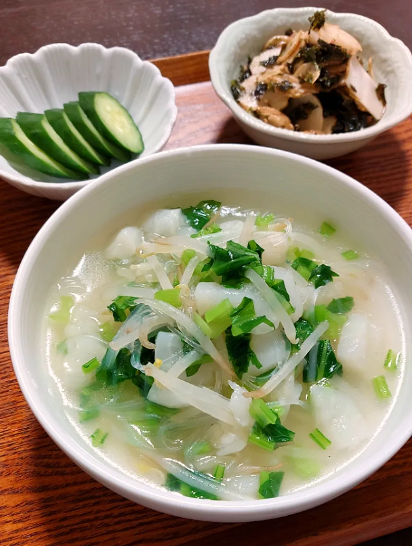 Snapdishの料理写真:ちゃべさんに教わった菊芋の和え物と、春雨スープ|きつねさん