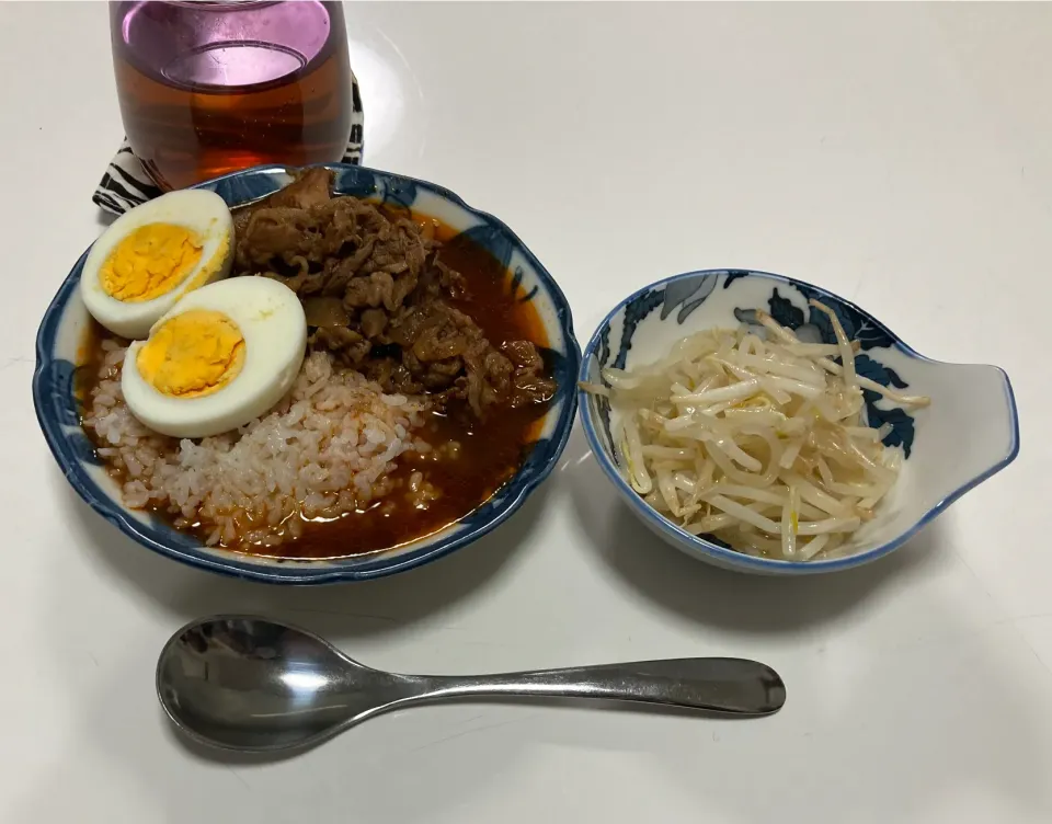 Snapdishの料理写真:作り置きで晩御飯☆ハヤシライスゆで卵のせ☆もやしの酢の物|Saharaさん