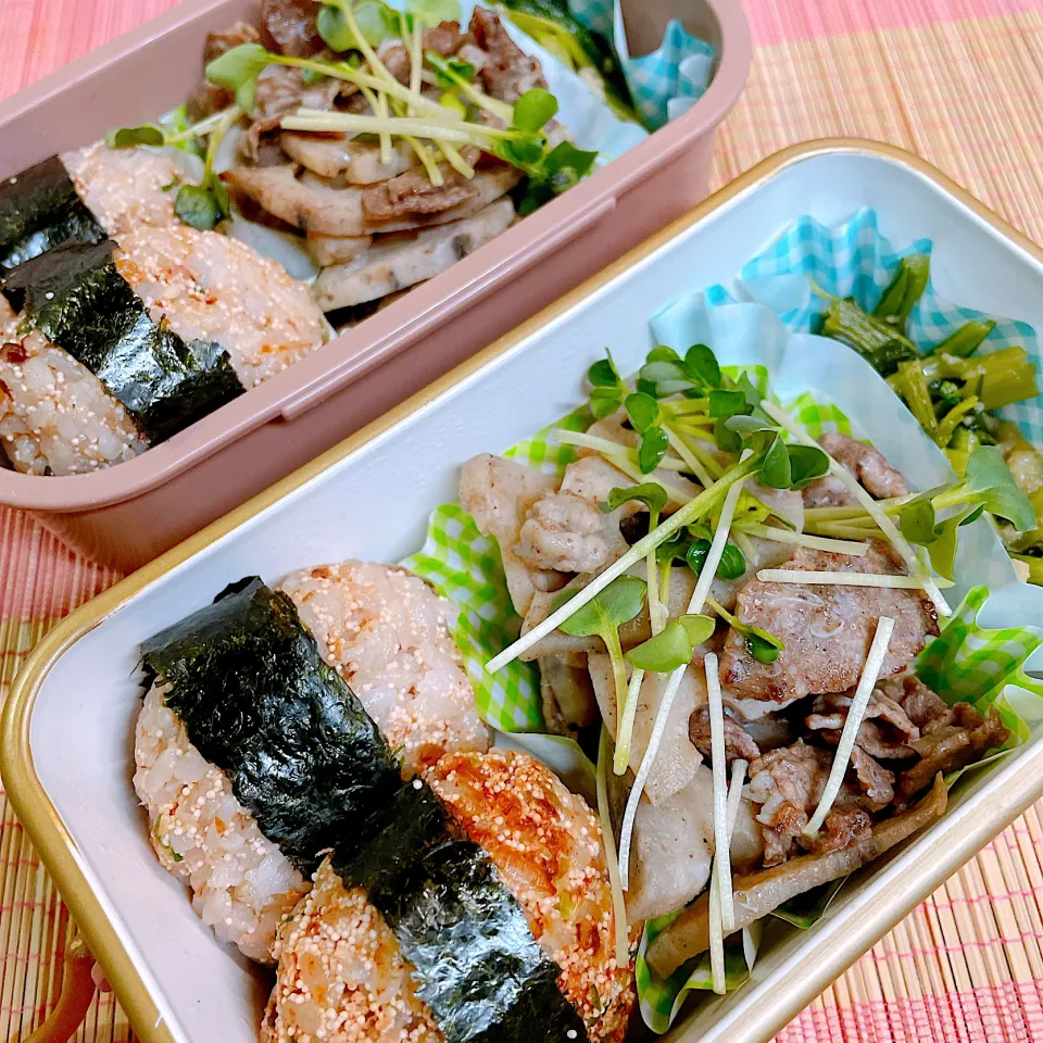 明太子おにぎり♡牛肉とれんこんの甘辛炒め♡小松菜と油揚げの煮浸し♡|まゆかさん